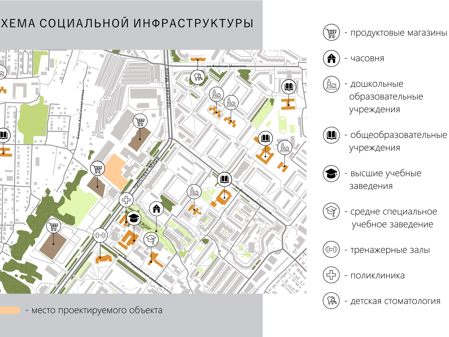 Схема социальной инфраструктуры рядом с ЖК «Жираф»